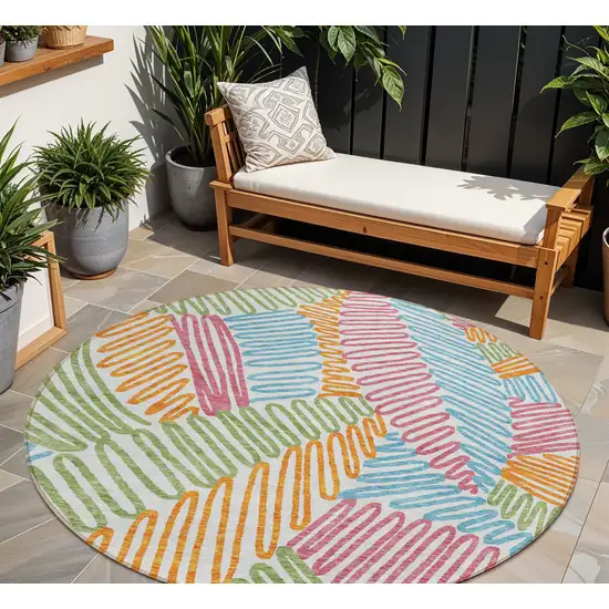 8' Blue Green And Pink Round Floral Washable Indoor Outdoor Area Rug Photo 1