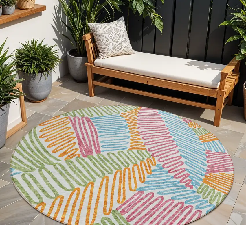 8' Blue Green And Pink Round Floral Washable Indoor Outdoor Area Rug Photo 1