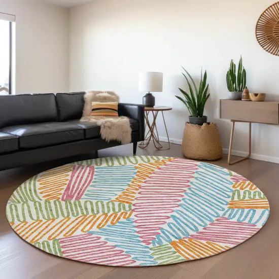 8' Blue Green And Pink Round Floral Washable Indoor Outdoor Area Rug Photo 8