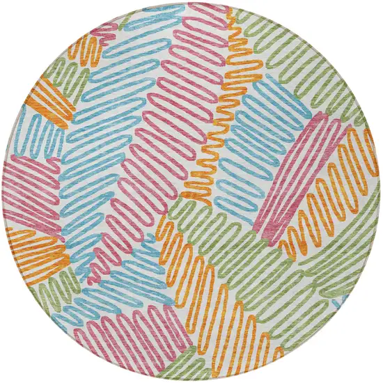 8' Blue Green And Pink Round Floral Washable Indoor Outdoor Area Rug Photo 6