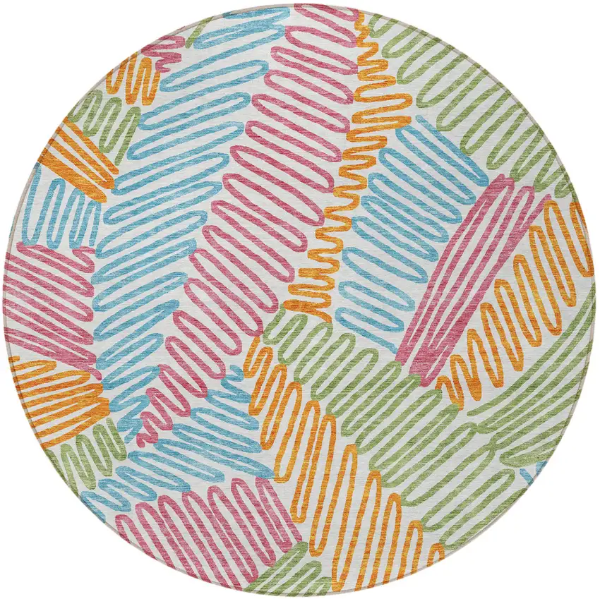 8' Blue Green And Pink Round Floral Washable Indoor Outdoor Area Rug Photo 6