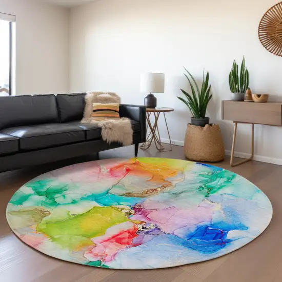 8' Blue Green And Purple Abstract Washable Round Rug With UV Protection Photo 5
