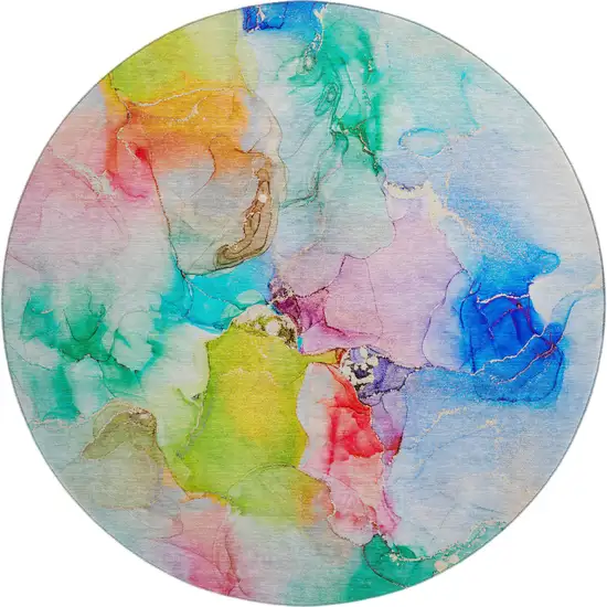 8' Blue Green And Purple Abstract Washable Round Rug With UV Protection Photo 1