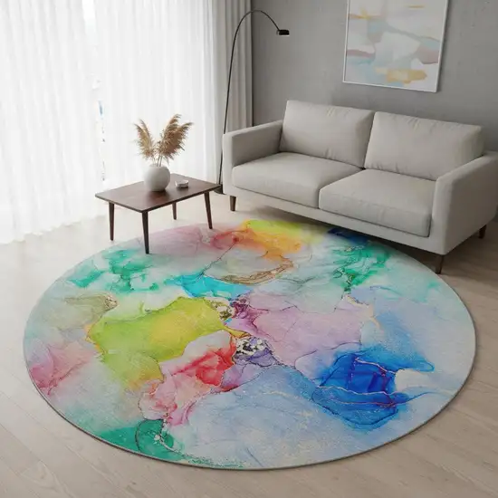8' Blue Green And Purple Abstract Washable Round Rug With UV Protection Photo 2