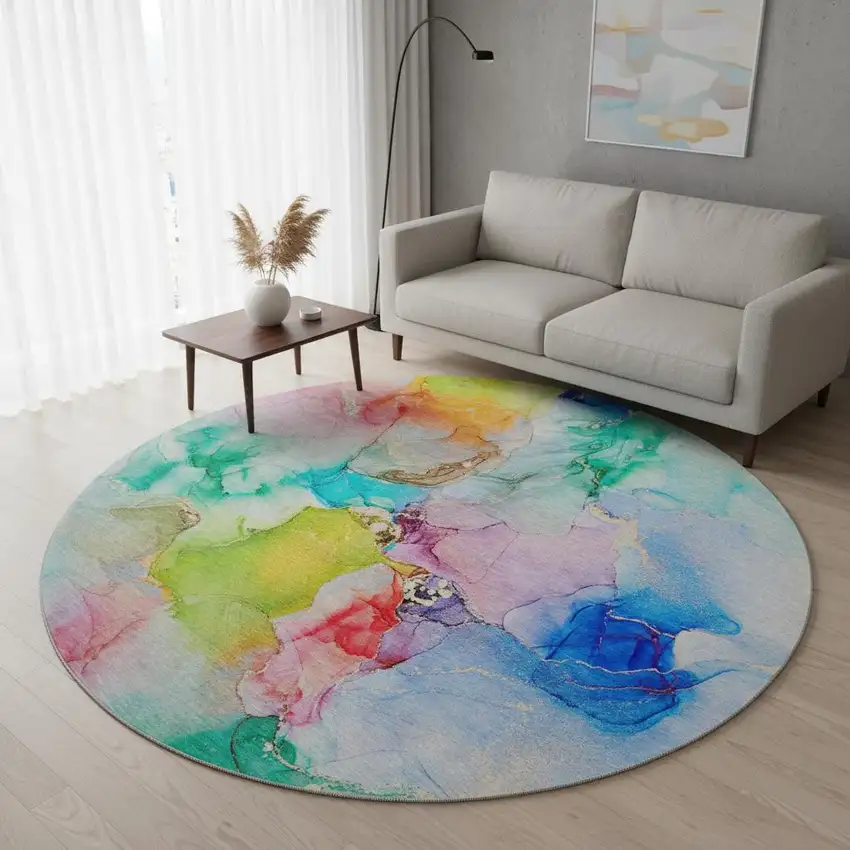 8' Blue Green And Purple Abstract Washable Round Rug With UV Protection Photo 2