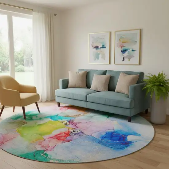 8' Blue Green And Purple Abstract Washable Round Rug With UV Protection Photo 1