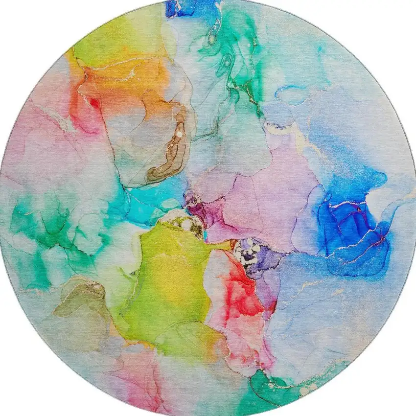 8' Blue Green And Purple Abstract Washable Round Rug With UV Protection Photo 4