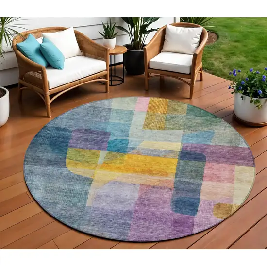 8' Blue Green And Purple Round Abstract Washable Indoor Outdoor Area Rug Photo 1