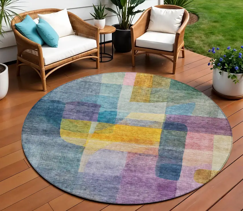 8' Blue Green And Purple Round Abstract Washable Indoor Outdoor Area Rug Photo 1