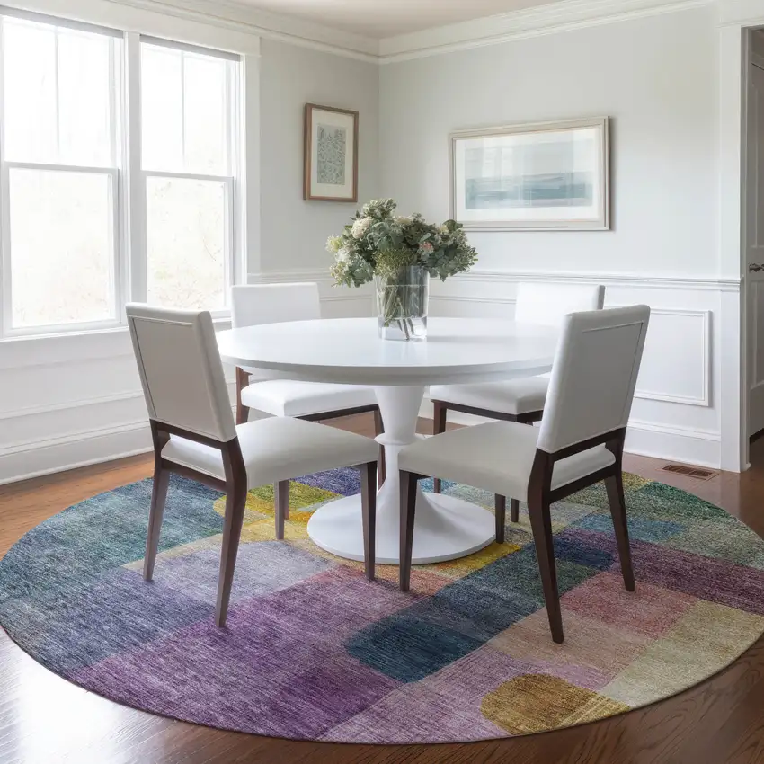 8' Blue Green And Purple Round Abstract Washable Indoor Outdoor Area Rug Photo 9