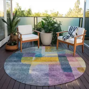 Photo of 8' Blue Green And Purple Round Abstract Washable Indoor Outdoor Area Rug