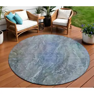 Photo of 8' Blue Green And Purple Round Abstract Washable Indoor Outdoor Area Rug