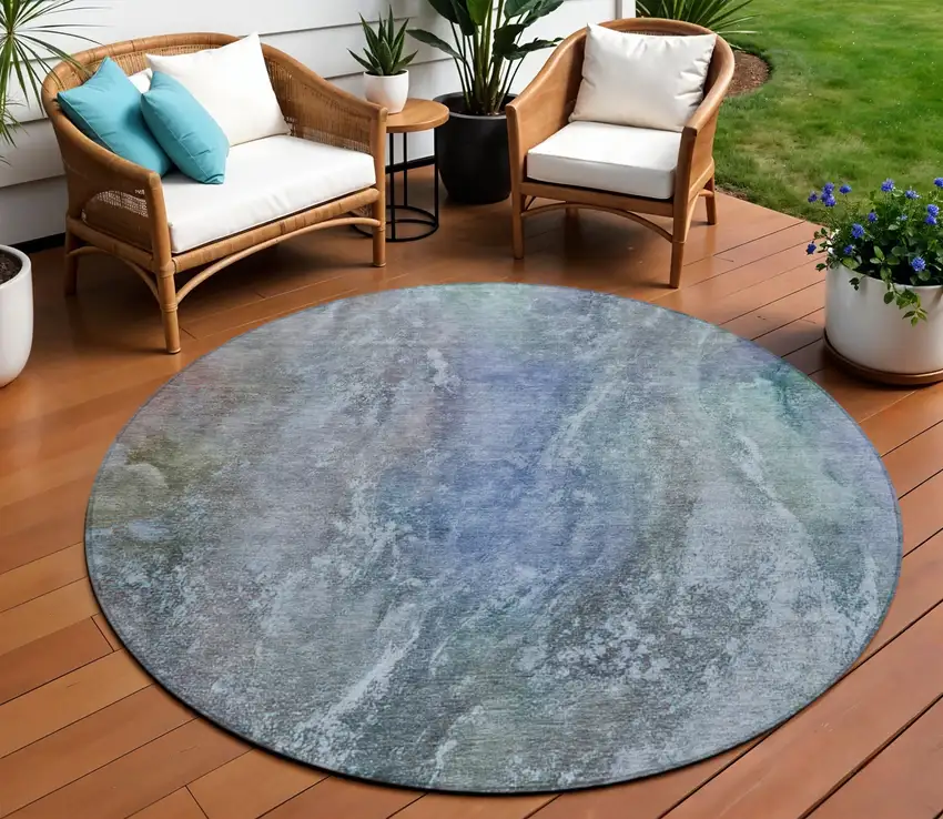 8' Blue Green And Purple Round Abstract Washable Indoor Outdoor Area Rug Photo 1