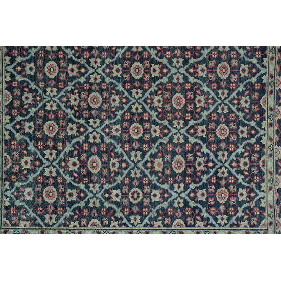 8' Blue Green And Red Wool Floral Hand Knotted Distressed Stain Resistant Runner Rug With Fringe Photo 4