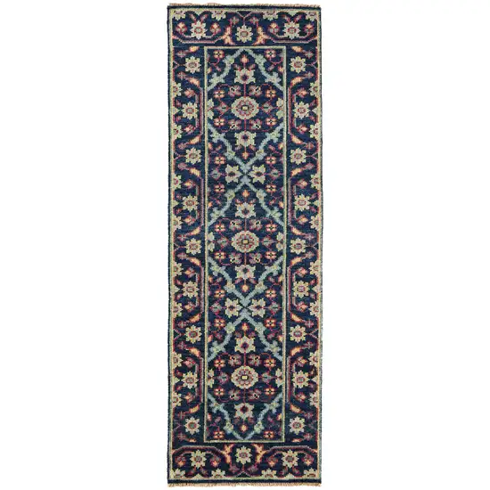 8' Blue Green And Red Wool Floral Hand Knotted Distressed Stain Resistant Runner Rug With Fringe Photo 1