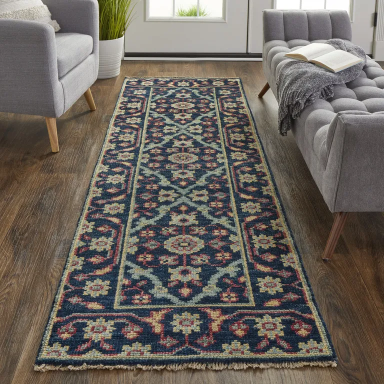 8' Blue Green And Red Wool Floral Hand Knotted Distressed Stain Resistant Runner Rug With Fringe Photo 5