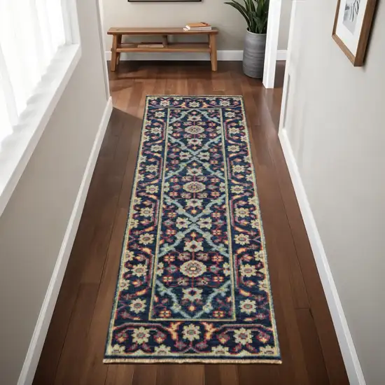 8' Blue and Green Wool Floral Hand Knotted Distressed Runner Rug With Fringe Photo 1