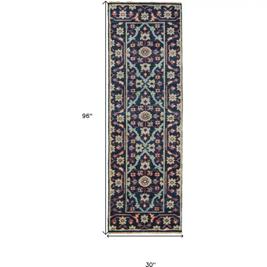 8' Blue Green And Red Wool Floral Hand Knotted Distressed Stain Resistant Runner Rug With Fringe Photo 6
