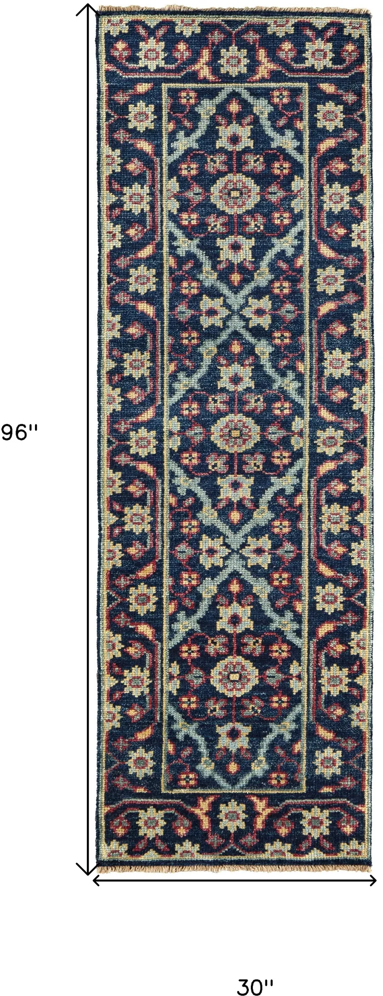 8' Blue Green And Red Wool Floral Hand Knotted Distressed Stain Resistant Runner Rug With Fringe Photo 5