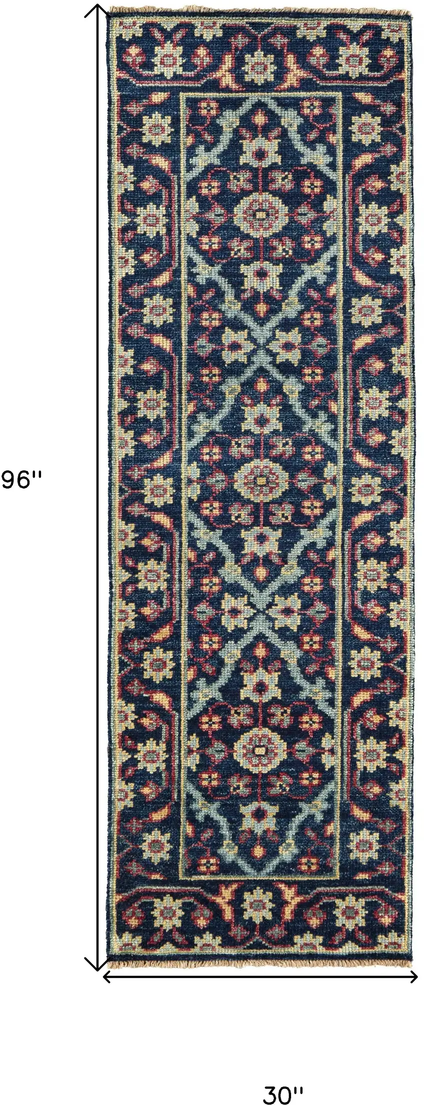 8' Blue Green And Red Wool Floral Hand Knotted Distressed Stain Resistant Runner Rug With Fringe Photo 6