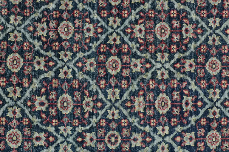 8' Blue Green And Red Wool Floral Hand Knotted Distressed Stain Resistant Runner Rug With Fringe Photo 3