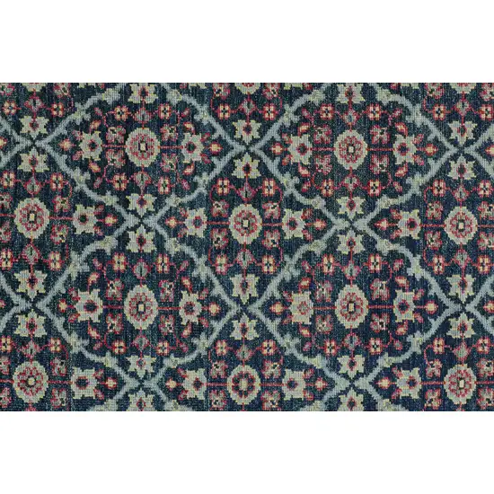 8' Blue Green And Red Wool Floral Hand Knotted Distressed Stain Resistant Runner Rug With Fringe Photo 3