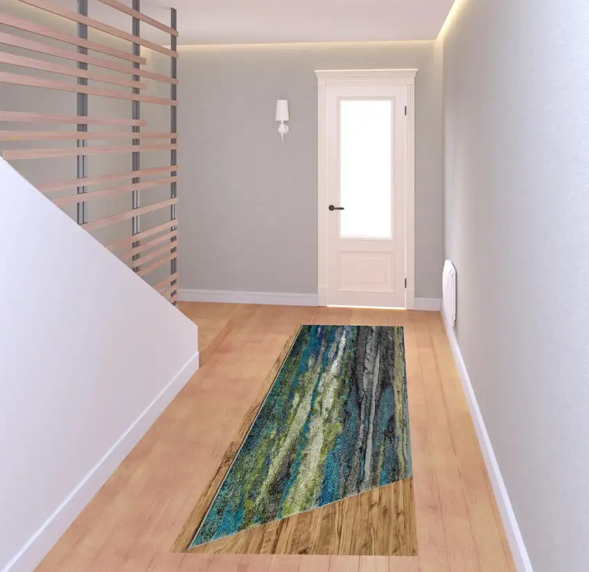 8' Blue Green And Taupe Stain Resistant Runner Rug Photo 2