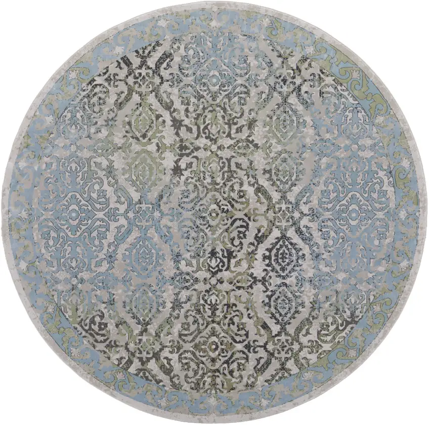 8' Blue Green and Gray Floral Power Loom Worn Faded Round Rug Photo 2