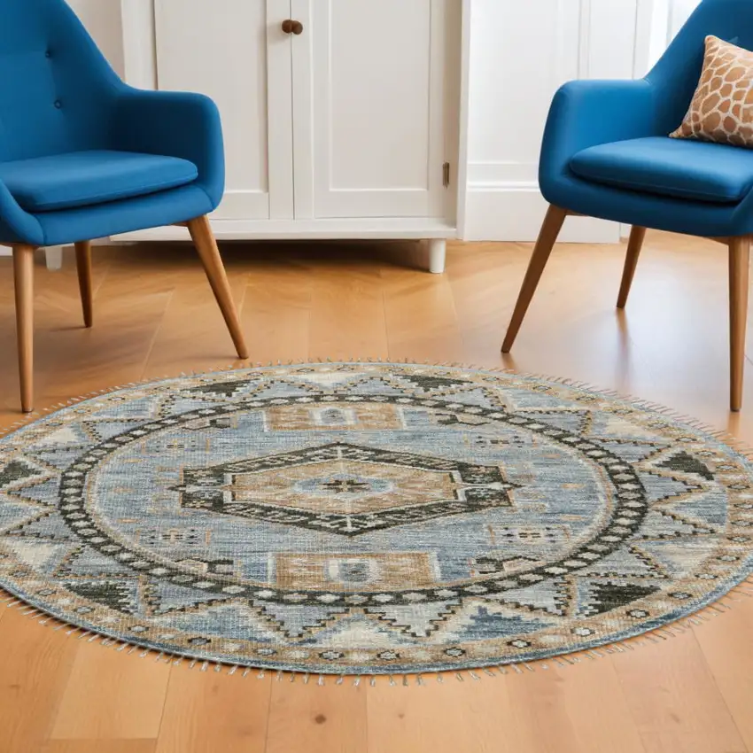 8' Blue Green and Tan Wool Oriental Hand Knotted Round Rug With Fringe Photo 1