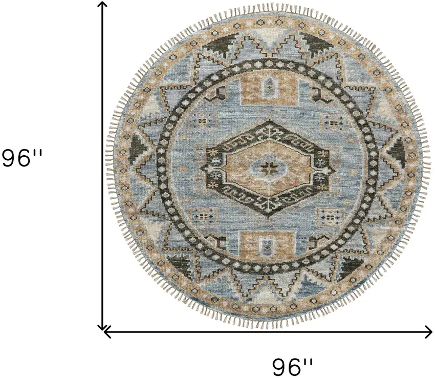 8' Blue Green and Tan Wool Oriental Hand Knotted Round Rug With Fringe Photo 3