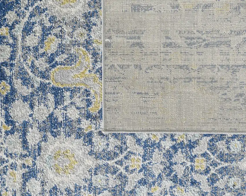 7' Blue Grey Machine Woven Distressed Floral Indoor Runner Rug Photo 3