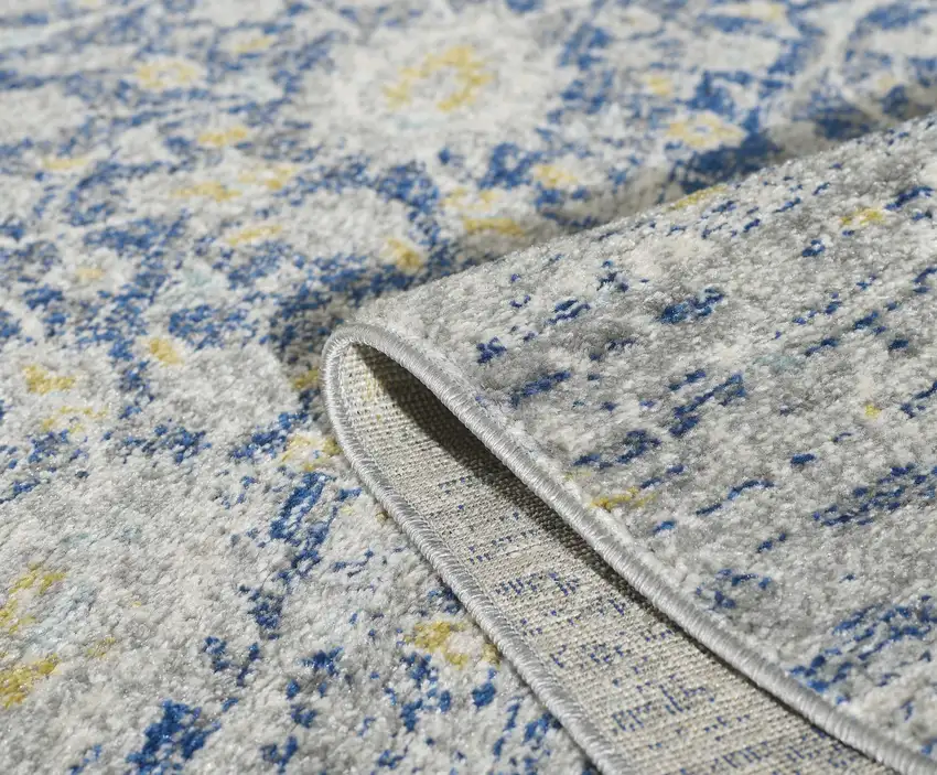 7' Blue Grey Machine Woven Distressed Floral Indoor Runner Rug Photo 2