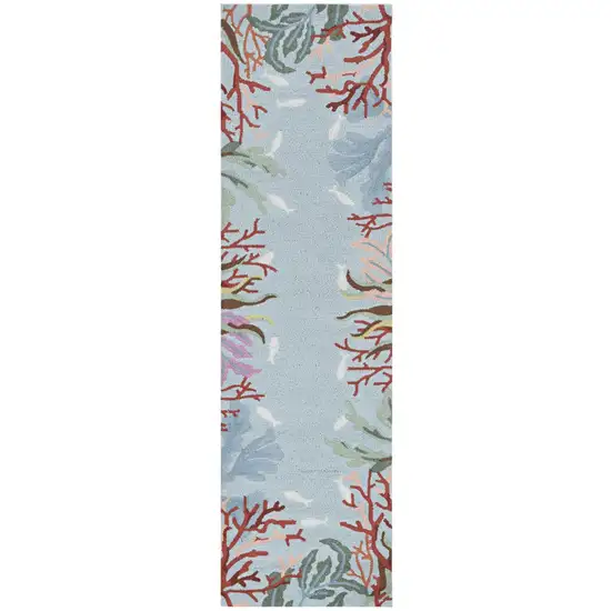 8' Blue Hand Hooked Bordered Coral Reef Indoor Runner Rug Photo 5