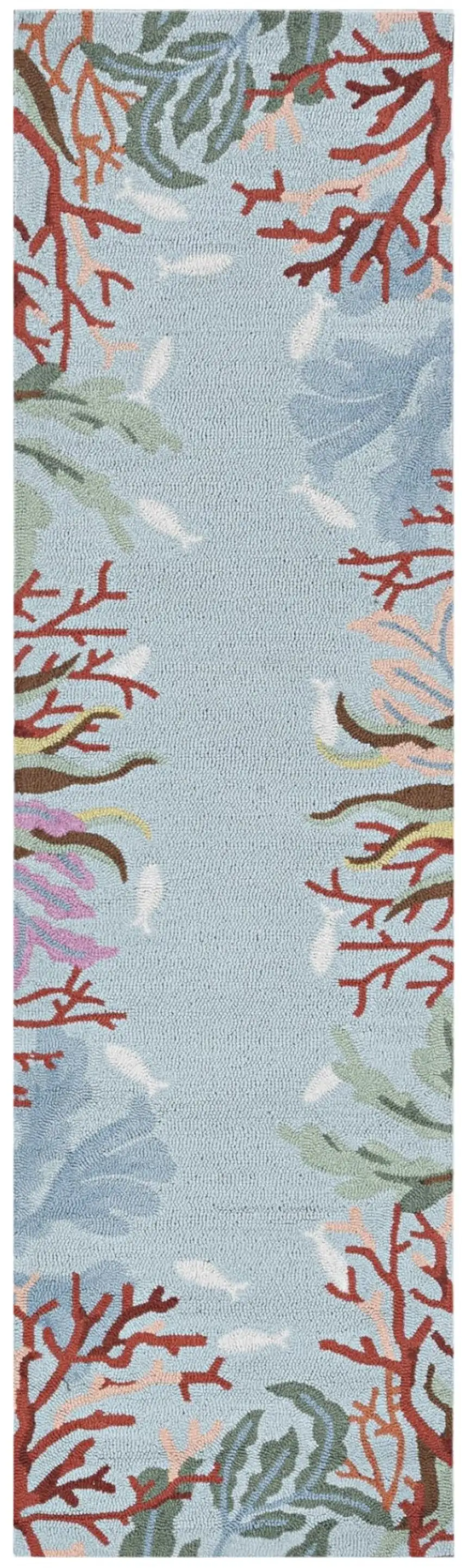 8' Blue Hand Hooked Bordered Coral Reef Indoor Runner Rug Photo 5