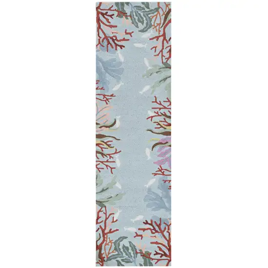8' Blue Hand Hooked Bordered Coral Reef Indoor Runner Rug Photo 2