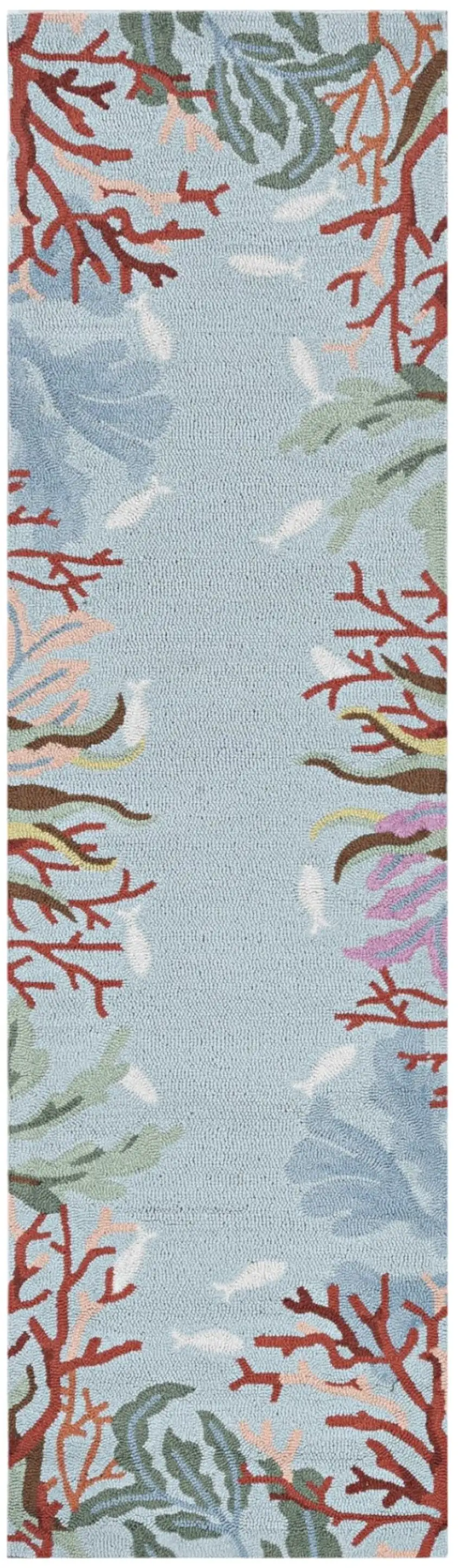 8' Blue Hand Hooked Bordered Coral Reef Indoor Runner Rug Photo 2