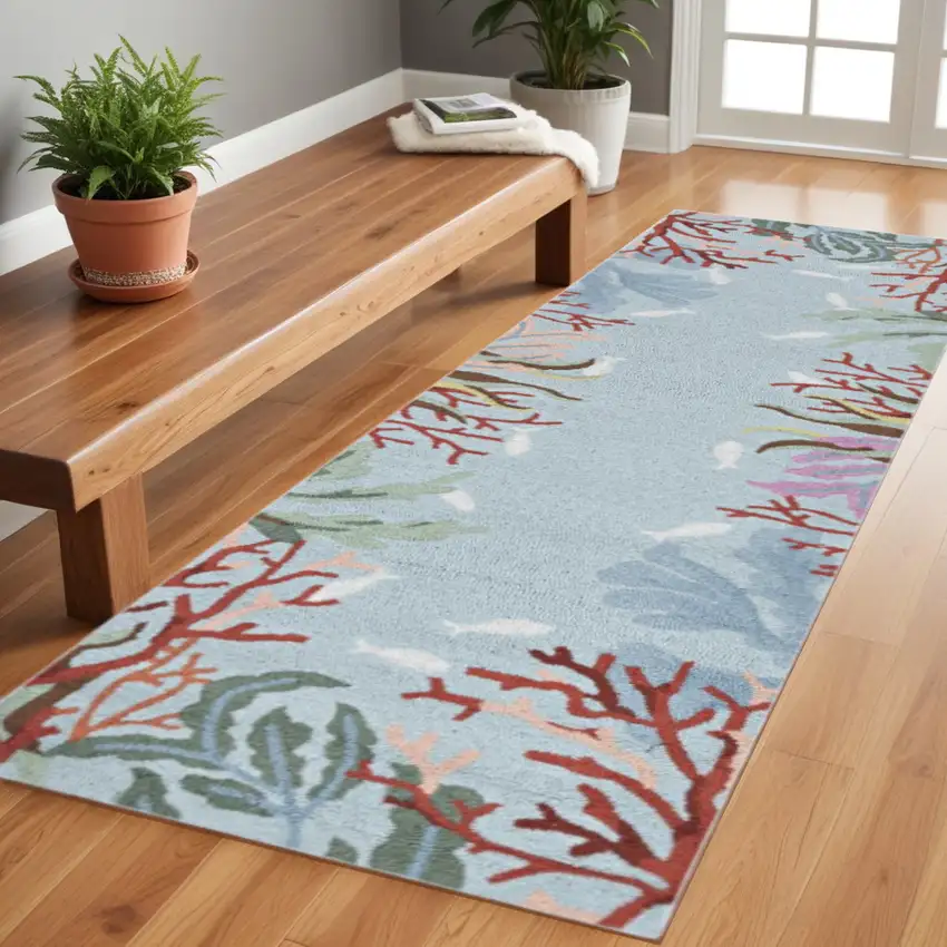 8' Blue Hand Hooked Bordered Coral Reef Indoor Runner Rug Photo 1