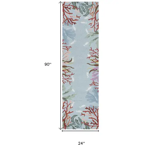 8' Blue Hand Hooked Bordered Coral Reef Indoor Runner Rug Photo 3