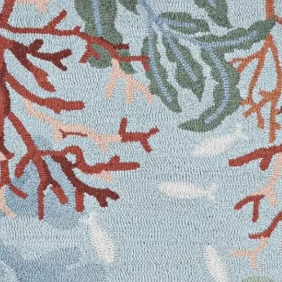 8' Blue Hand Hooked Bordered Coral Reef Indoor Runner Rug Photo 4