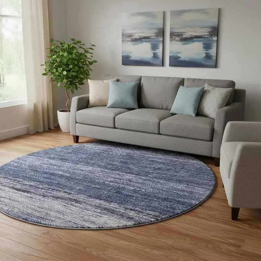 8' Blue Ivory And Beige Abstract Washable Round Rug With UV Protection Photo 1