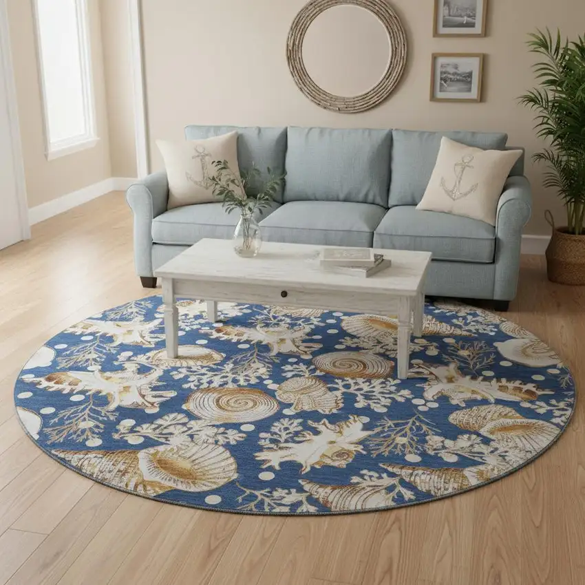 8' Blue Ivory And Beige Geometric Washable Round Rug With UV Protection Photo 1