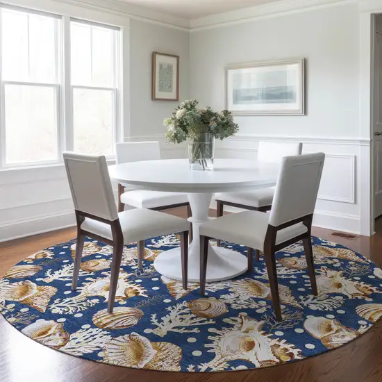 8' Blue Ivory And Beige Geometric Washable Round Rug With UV Protection Photo 5