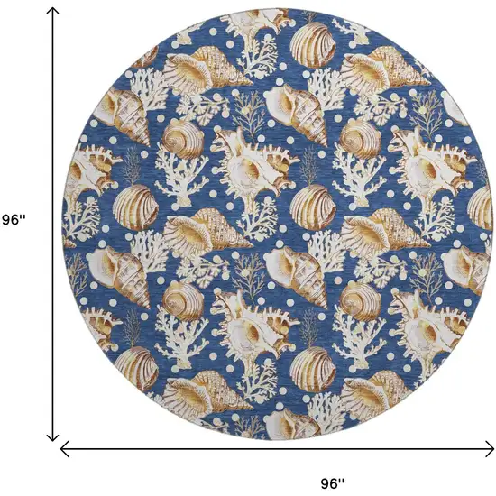 8' Blue Ivory And Beige Geometric Washable Round Rug With UV Protection Photo 3