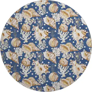 Photo of 8' Blue Ivory And Beige Geometric Washable Round Rug With UV Protection