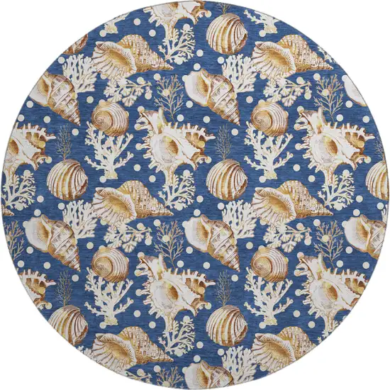 8' Blue Ivory And Beige Geometric Washable Round Rug With UV Protection Photo 1