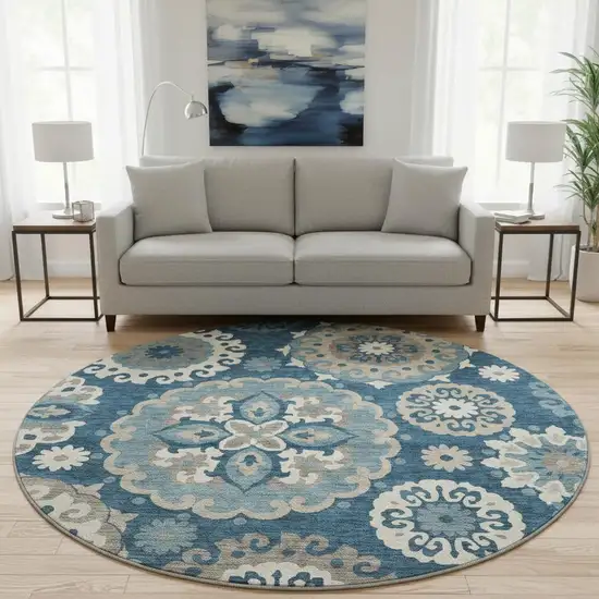 8' Blue Ivory And Beige Medallion Washable Round Rug With UV Protection Photo 2