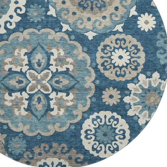 8' Blue Ivory And Beige Medallion Washable Round Rug With UV Protection Photo 3