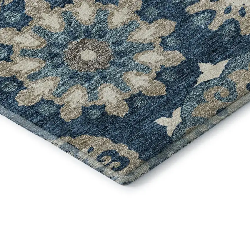 8' Blue Ivory And Beige Medallion Washable Round Rug With UV Protection Photo 7