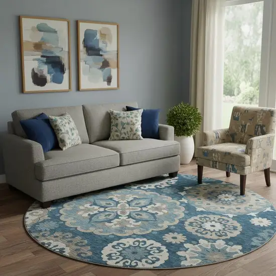 8' Blue Ivory And Beige Medallion Washable Round Rug With UV Protection Photo 1
