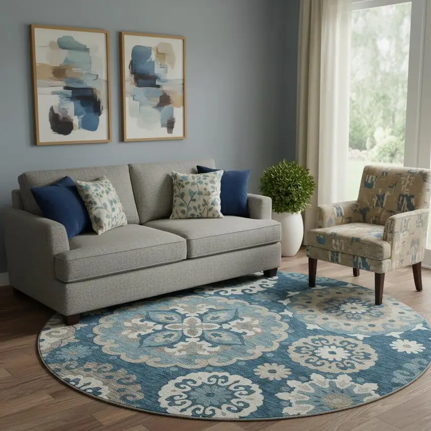 8' Blue Ivory And Beige Medallion Washable Round Rug With UV Protection Photo 1